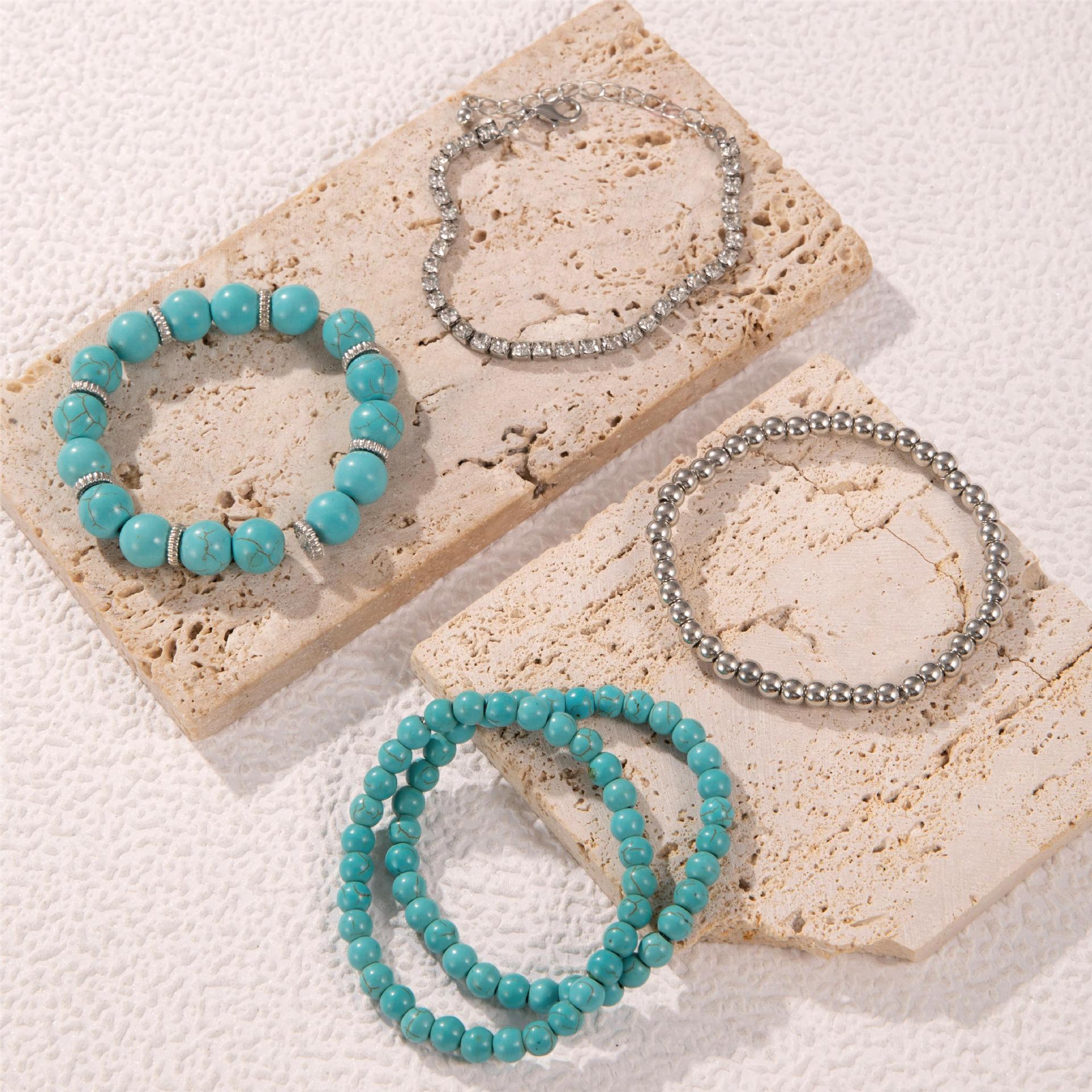 Bohemian Style Turquoise Multi-Layer Stacking Bracelet Set Light Luxury Diamond-encrusted Chain Beaded Bracelet - 图片 8