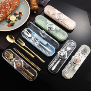 304Stainless Steel Tableware Student Cartoon Portable Tableware Set Work Outdoor Fork Spoon Chopsticks Three-piece Set