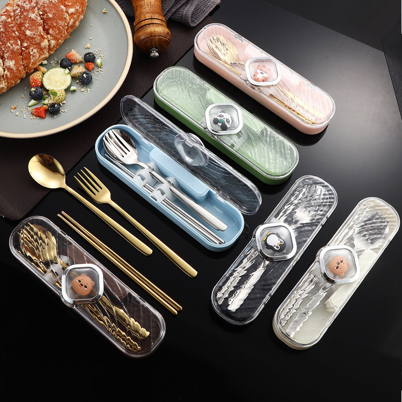 304Stainless Steel Tableware Student Cartoon Portable Tableware Set Work Outdoor Fork Spoon Chopsticks Three-piece Set