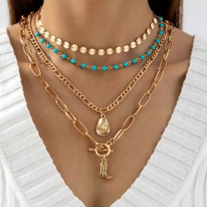 Bohemian Western Cowboy Boots Pendant Turquoise Necklace Layered Tassel Accessories Y Type Necklace