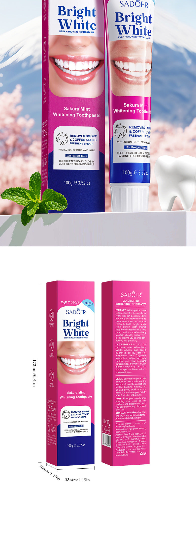 Sakura Mint Whitening Toothpaste SADOER Teeth Cleaning Oral Toothpaste Cross-Border Wholesale - 图片 18