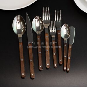 French Style Solid Wood Walnut Handle Western Cutlery Stainless Steel Knife Fork Spoon Wholesale Household Kitchen Western Restaurant