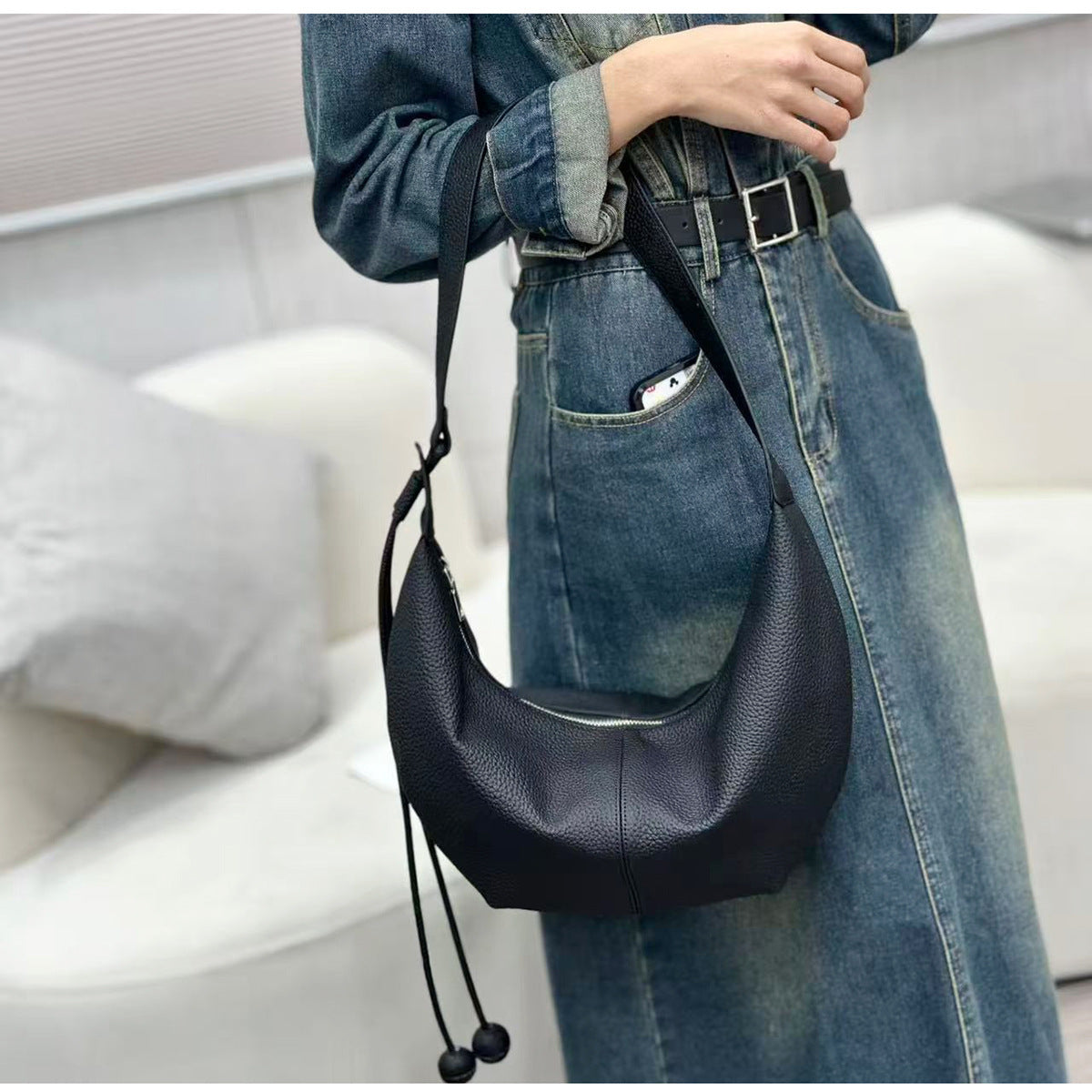 New Genuine Leather Underarm Bag Top Layer Cowhide Horn Dumpling Bag Simple Casual Versatile Single Shoulder Crossbody Bag - 图片 16