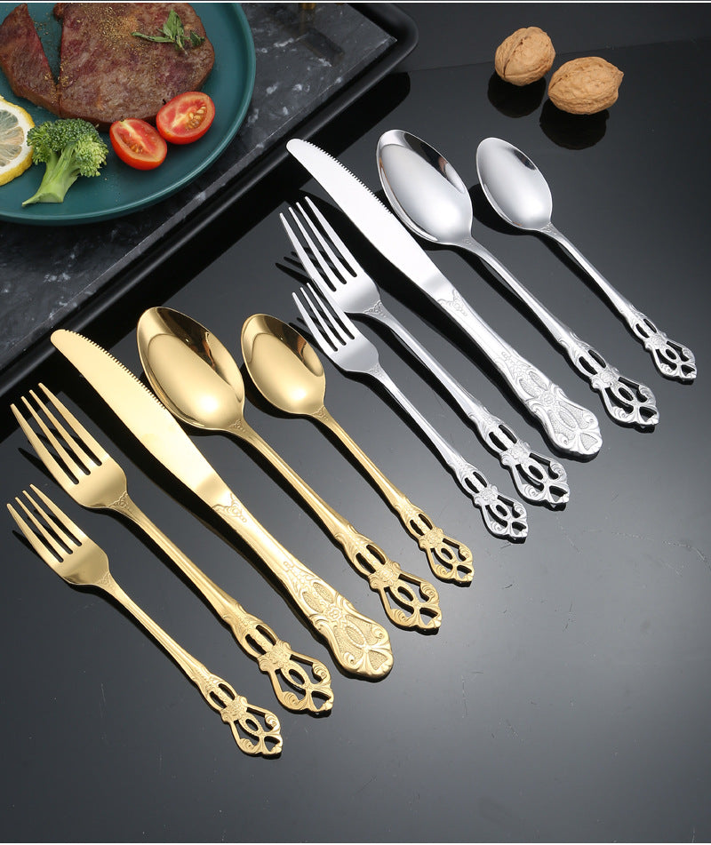 Stainless Steel Cutlery Restaurant Royal Court Knife Fork Spoon Set Hotel Western Cuisine European Retro Relief Steak Knife Fork - 图片 44