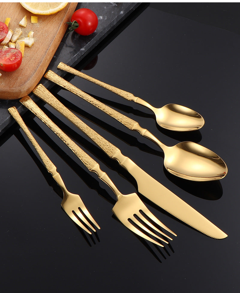 410Stainless Steel Cutlery Hotel Restaurant Hammered Knife Fork Spoon Set Western Small Waist Bark Pattern Steak Knife Fork - 图片 38