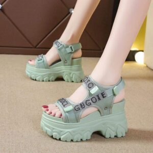 Women's Hidden Heel Sports Peep Toe Wedge Thick Sole Sandals2025Summer new style white rhinestone Velcro Roman shoes