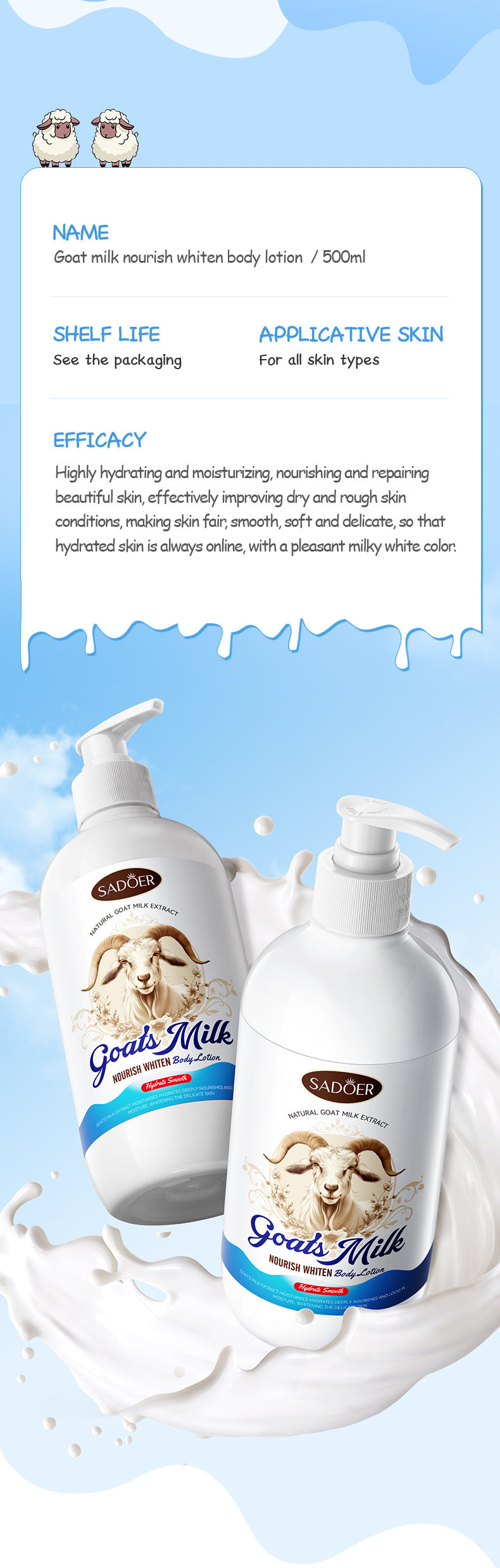 Goat Milk Whitening Body Lotion SADOER Nourishing, hydrating, moisturizing body lotion for foreign trade cross-border - 图片 14