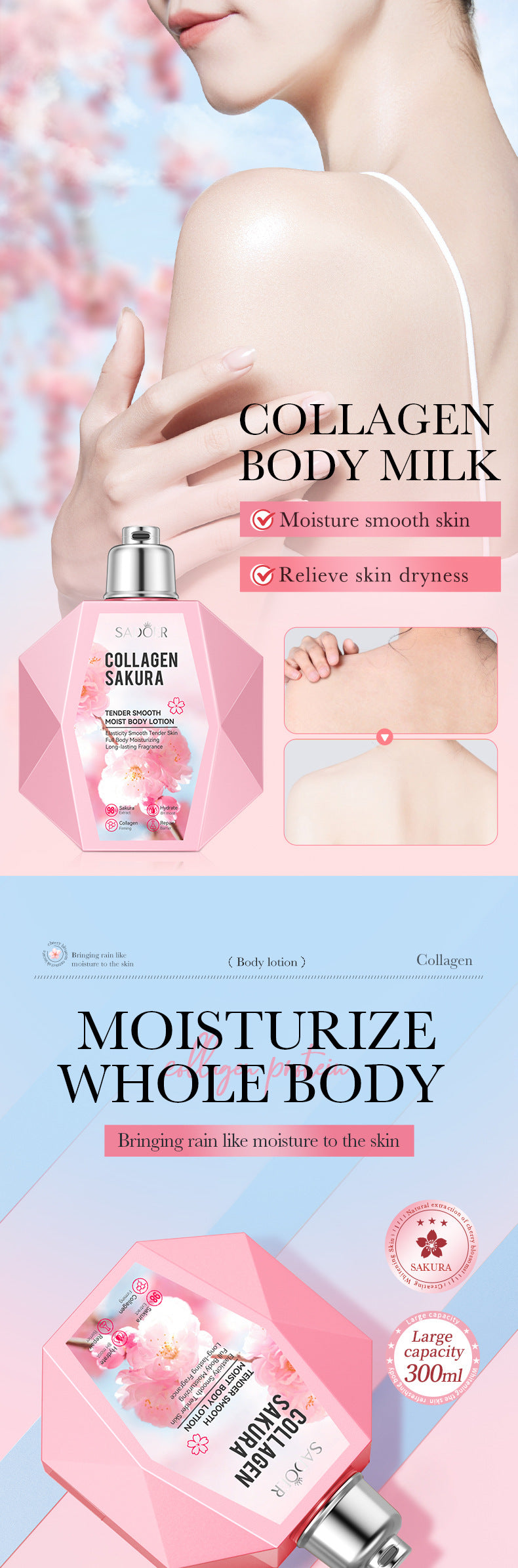 Sakura Body Lotion300ml SADOER Collagen Tender and Smooth Skin Lotion Cross-Border Wholesale - 图片 8