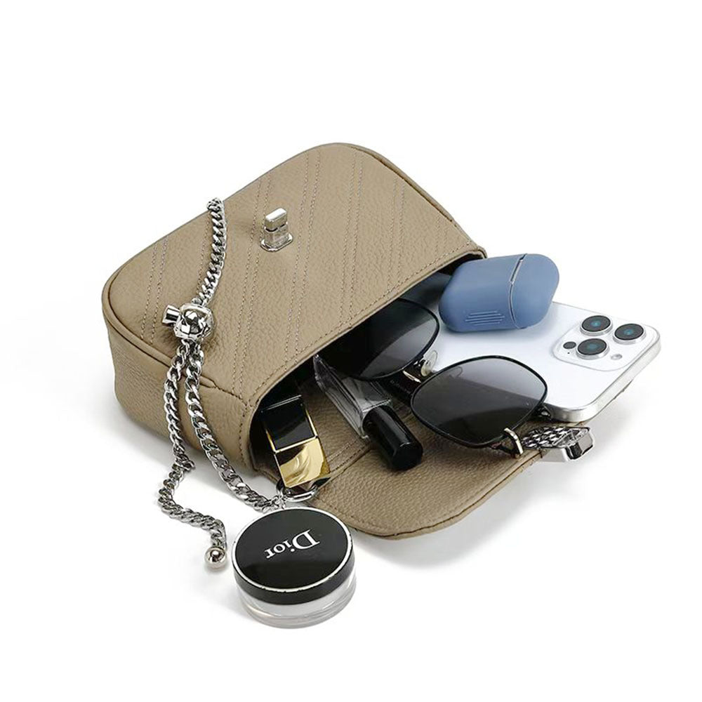 Genuine Leather Women's Bag New Metal Chain Small Square Bag Simple Versatile Chanel Style Single Shoulder Solid Color Embroidered Thread Crossbody Bag - 图片 16