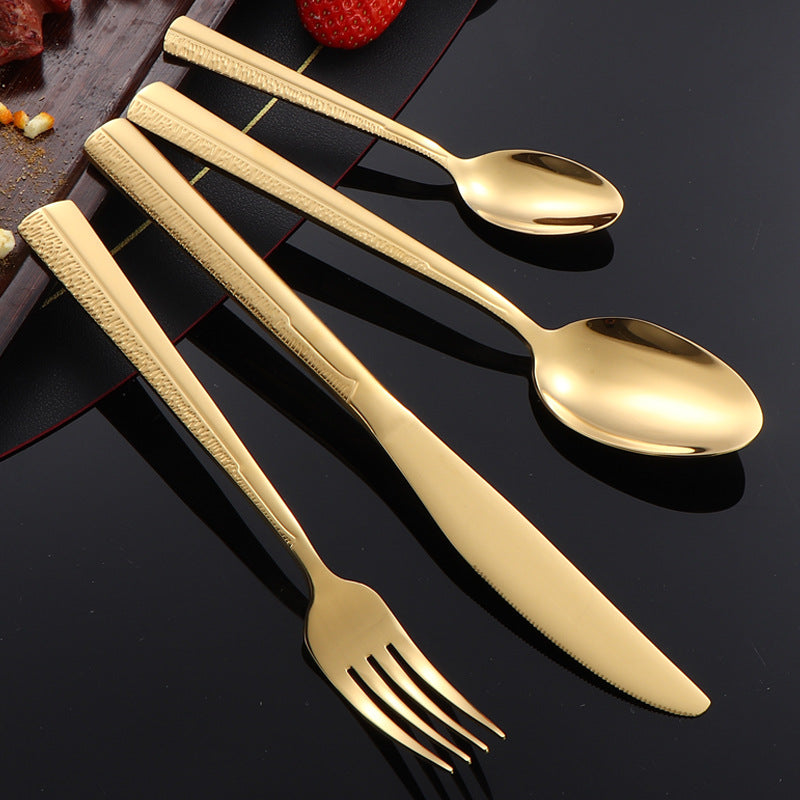 410Stainless Steel Tableware Hotel Restaurant Sand Texture Knife Fork Spoon Tea Spoon24Set of gold Western Steak Knives and Forks - 图片 3