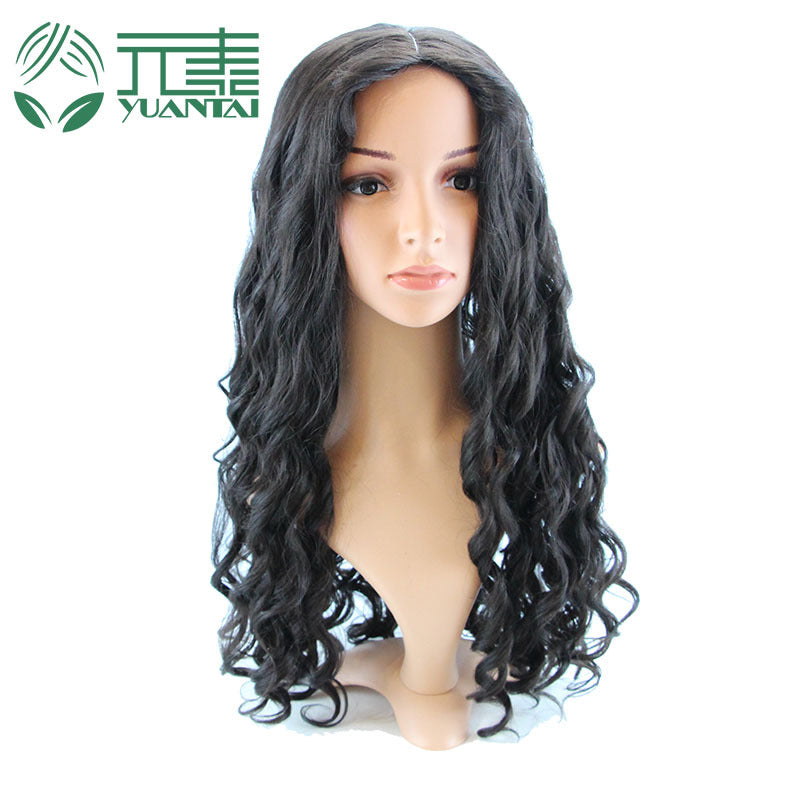 wig Hairband Head Cover Wig Natural Black Synthetic Fiber Forehead Hand Hook Export Long Curly Hair Middle Part Middle Part Long Curly