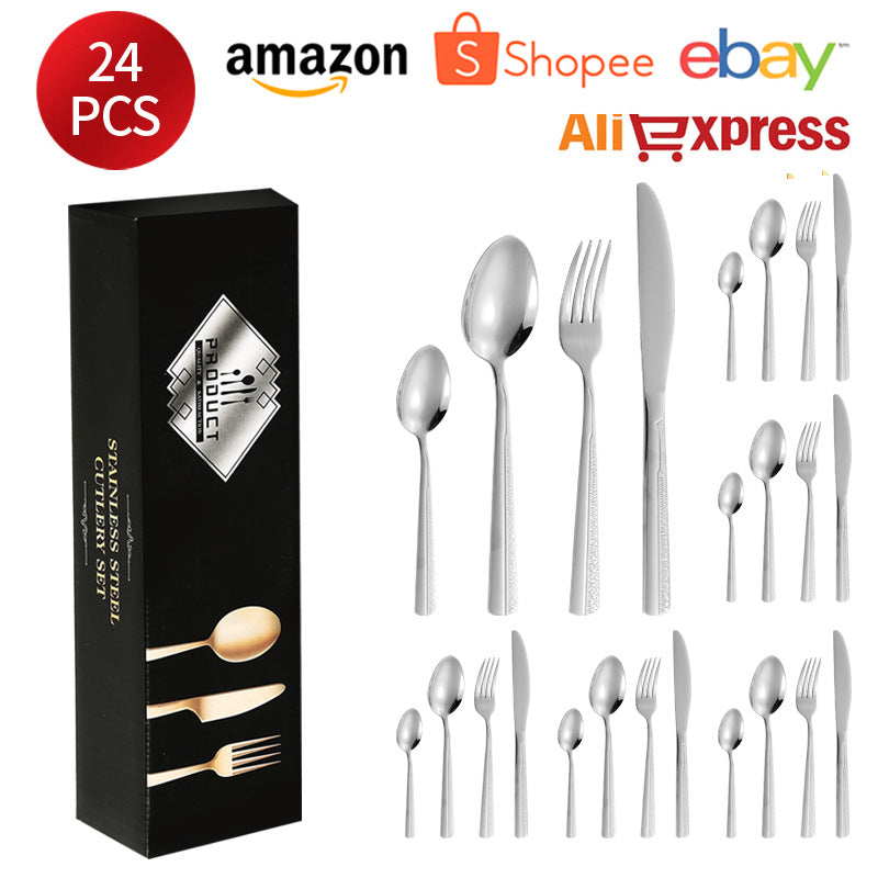 410Stainless Steel Tableware Hotel Restaurant Sand Texture Knife Fork Spoon Tea Spoon24Set of gold Western Steak Knives and Forks - 图片 14