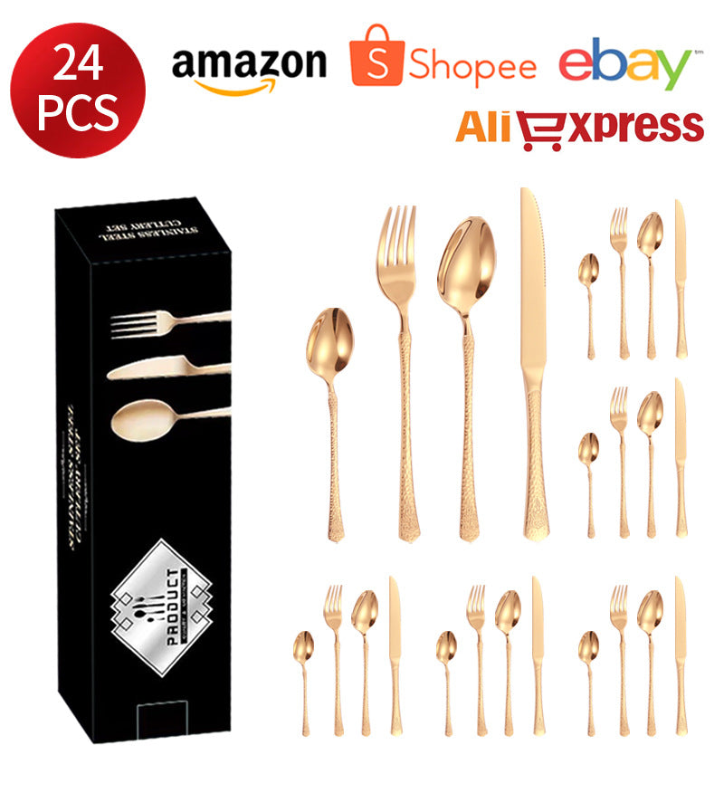 Stainless Steel Tableware Hotel Restaurant Crown Hammered Knife Fork Spoon24Set of Western Steak Knives and Forks - 图片 28