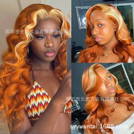 Synthetic Lace Front Wig Orange with Blonde Highlight wigs - 图片 5