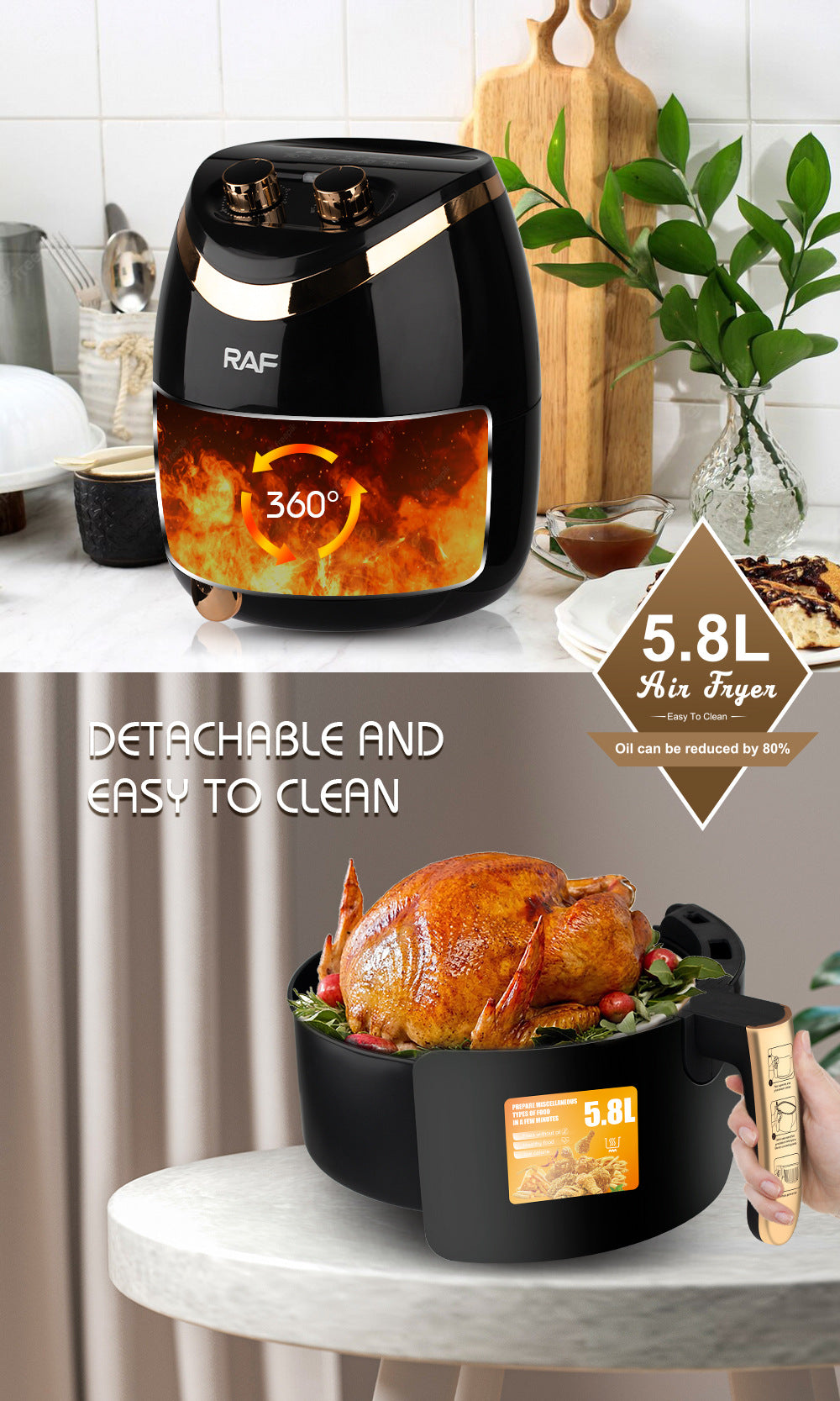 RAF European style air fryer for home use with large capacity Multifunctional Smart French Fries Fully Automatic Fryer 5.8L - 图片 15