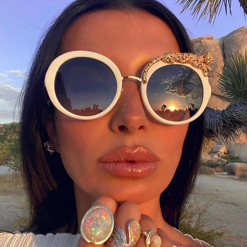 2025New Anti-Blue Light Glasses for Women Leopard Head Diamond-Studded European and American Round Frame Sunglasses Trendy Large Frame Sunglasses High-End Feel - 图片 12