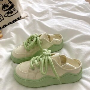 Honeydew Green~!Niche chic Korean Style Two-Way Canvas Shoes for Women, Summer Breathable Thin Versatile Thick-Soled White Shoes