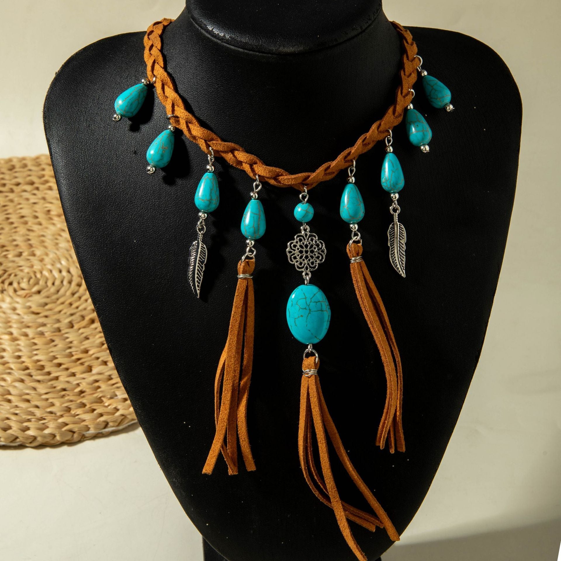 European and American Retro Turquoise Pendant Sweater Chain Design Heart-shaped Women's Autumn Winter Long Tassel Y Type Necklace - 图片 5