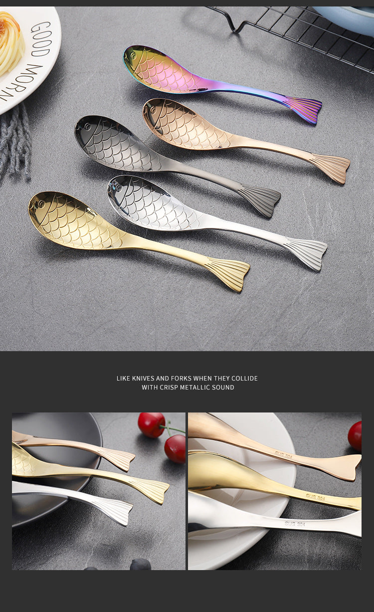 304Stainless Steel Spoon Cooking Restaurant Spoon Pickled Fish Spoon Cartoon Spoon PVD Titanium-plated Colorful Fish Tail Cute Spoon - 图片 34