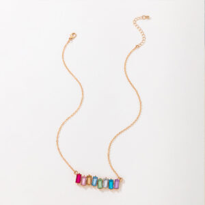 European and American Style Jewelry Colorful Square Inlaid Diamond Single Necklace Geometric Chain Imitation Gemstone Single Layer Collarbone Chain
