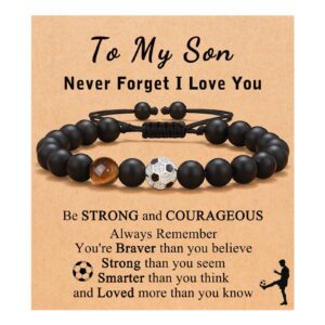 Football Beaded Bracelet to my son Gift Black Matte Coach Bracelet Tiger Eye Stone Baseball Woven Bracelet