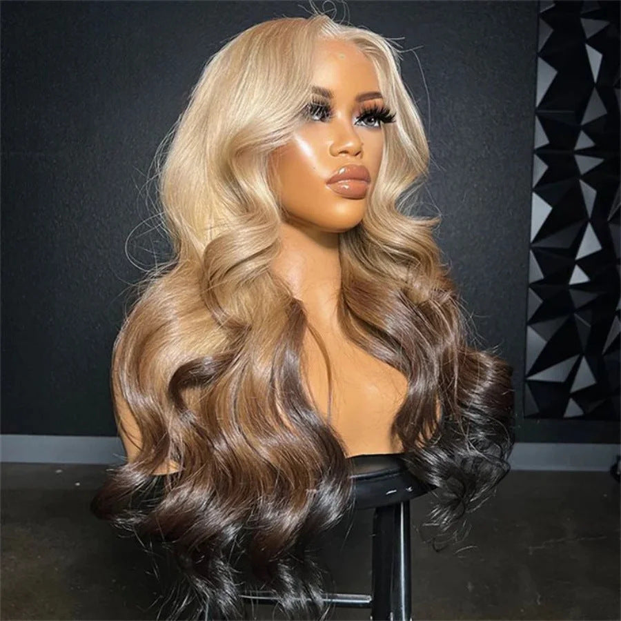 gold Brown Gradient Highlight Synthetic Wig Cross-Border Europe and America Blonde Ombre 13*4 Lace Front - 图片 6