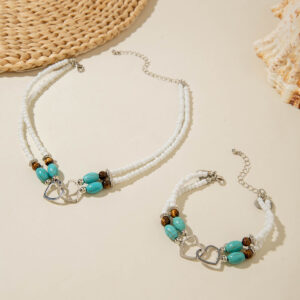 Wholesale Bohemian Vacation Style Rice Bead Turquoise Jewelry Set Metal Heart Jewelry