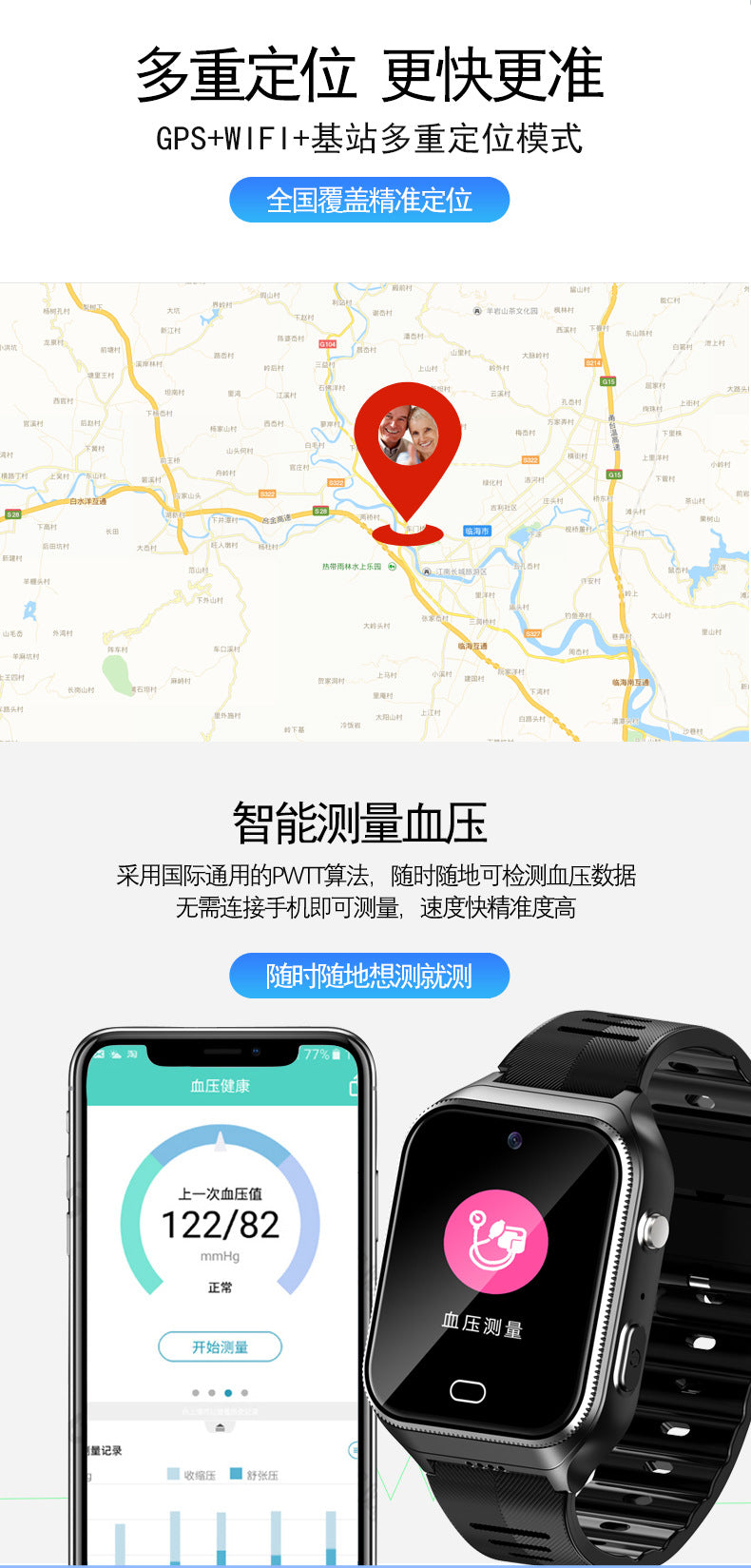 Elderly Health4G Smart Watch Fall Alarm gps Positioning blood pressure, blood oxygen, heart rate, wellness smartwatch - 图片 9