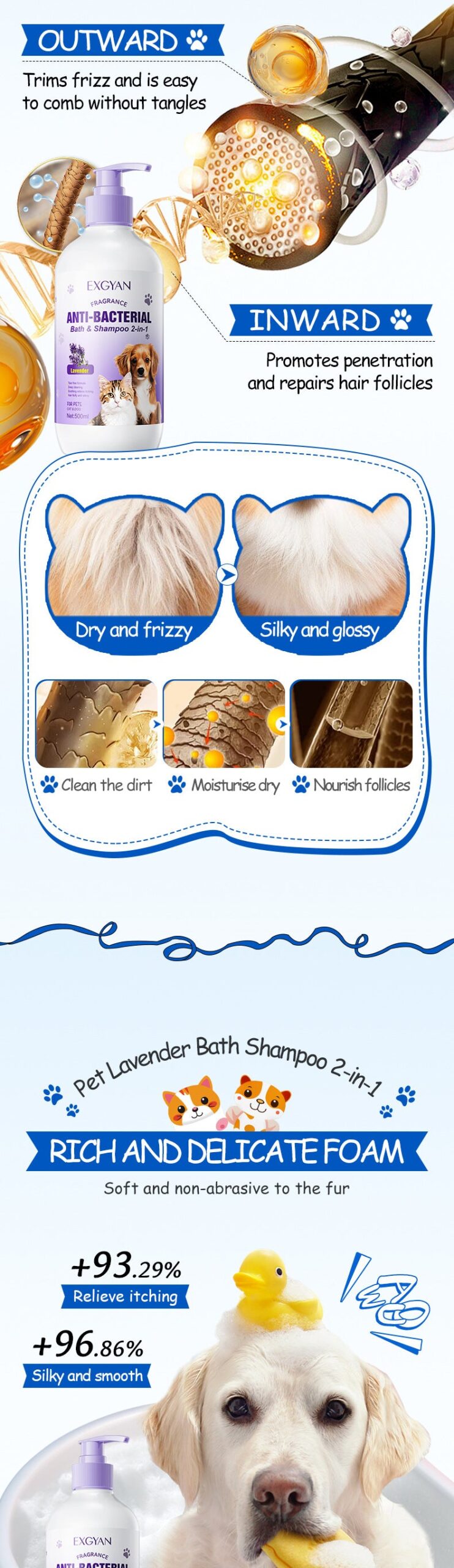 Pet Lavender Bath and Shampoo 2-in-1 EXGYAN Cat and Dog Bath Gel Cross-Border Wholesale - 图片 12