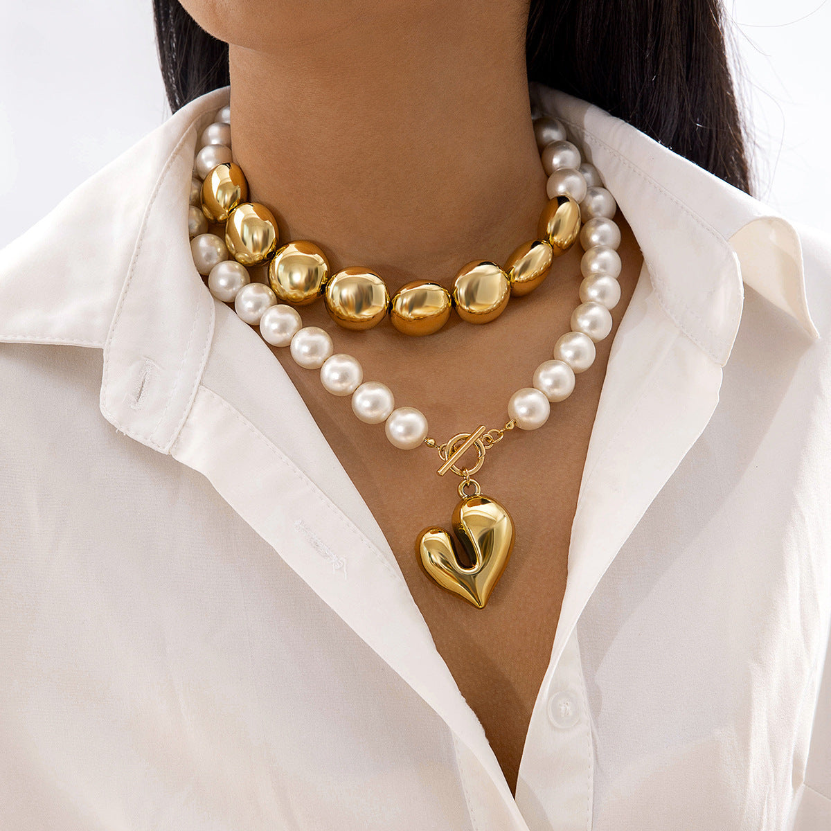 Ornament Layered Wear CCB Peach Heart Necklace Wholesale Baroque Metal Pendant Pearl Necklace - 图片 4