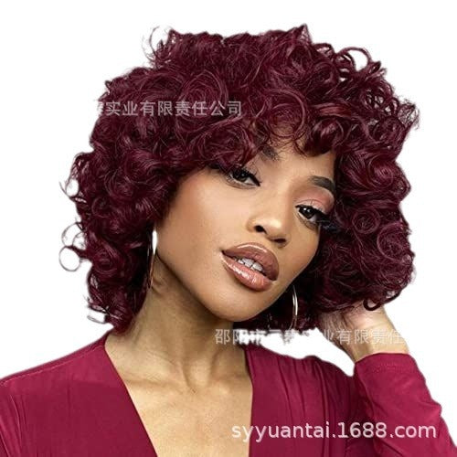 Wine Red Short Bouncy Curly Bob Wig with Bang Human Hair wig - 图片 5