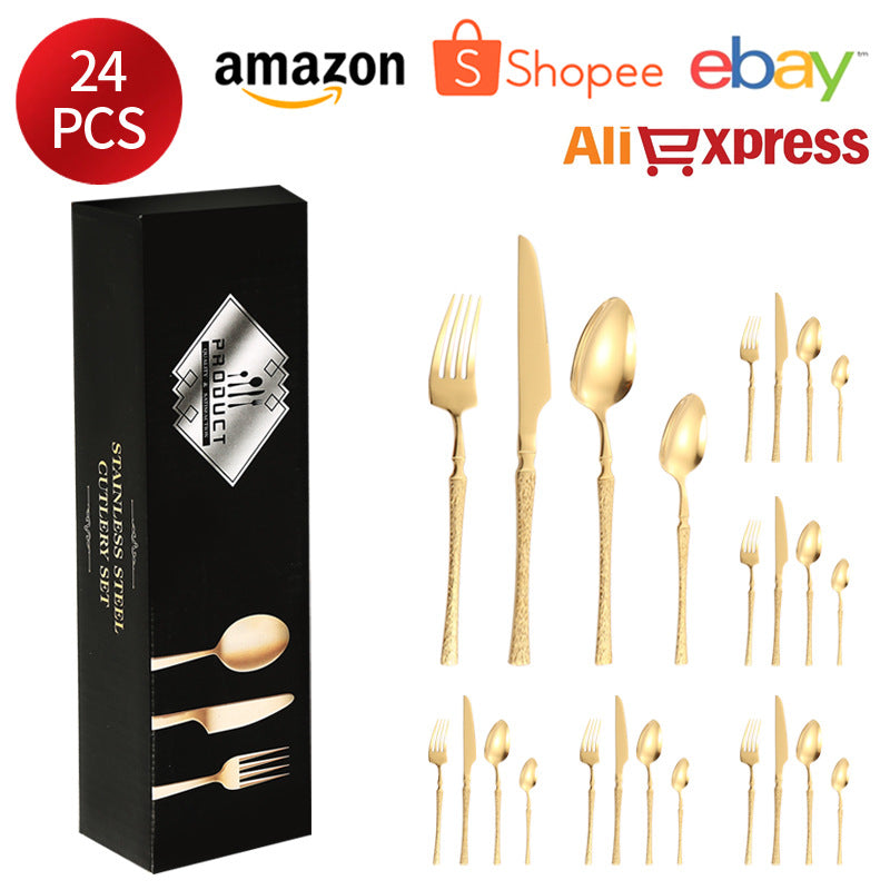 410Stainless Steel Cutlery Hotel Restaurant Hammered Knife Fork Spoon Set Western Small Waist Bark Pattern Steak Knife Fork - 图片 19