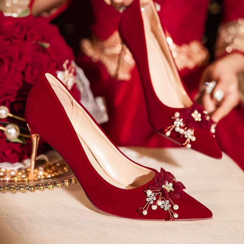 2025New Style Chinese-French Wedding Dress Toast Wedding Banquet Wedding Shoes Women Xiuhe Dress Low Heel Comfortable Bride High Heels