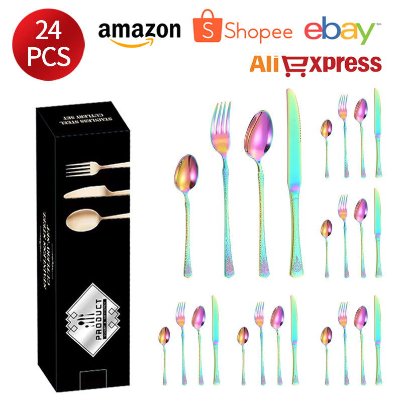 Stainless Steel Tableware Hotel Restaurant Crown Hammered Knife Fork Spoon24Set of Western Steak Knives and Forks - 图片 9