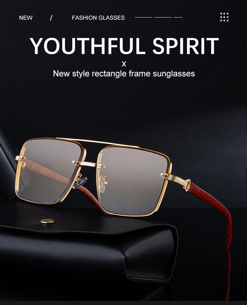 2025New European and American Fashion Square Frame Sunglasses for Men Retro Imitation Wood Grain Temple Double Bridge Sun Protection Sunglasses for Men - 图片 10