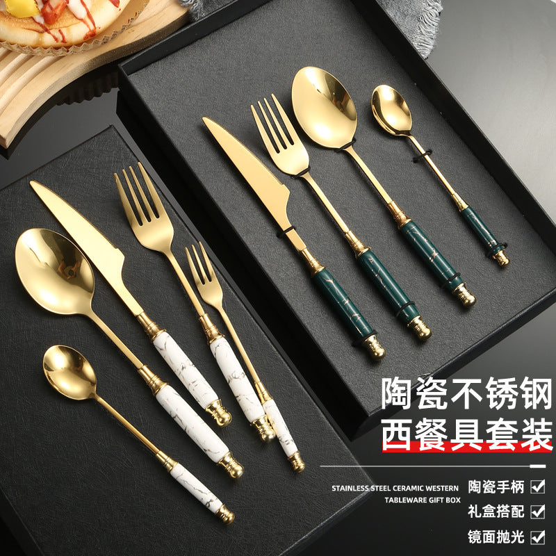 Stainless Steel Cutlery Restaurant Western Steak Knife Fork Imitation Marble Pattern Ceramic Handle Knife Fork Spoon Tea Spoon Tea Fork Set