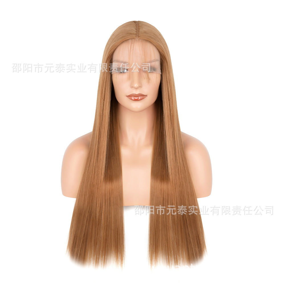 Front Lace13*4Wig in burgundy color28Inch Long Straight Hair Synthetic Fiber Headband Hot Sale wigs High-Temperature Wig with Side Bangs - 图片 9