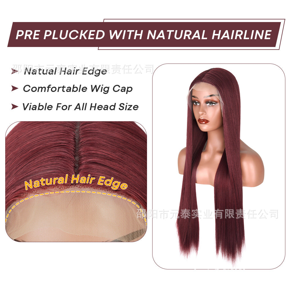 Front Lace13*4Wig in burgundy color28Inch Long Straight Hair Synthetic Fiber Headband Hot Sale wigs High-Temperature Wig with Side Bangs - 图片 12