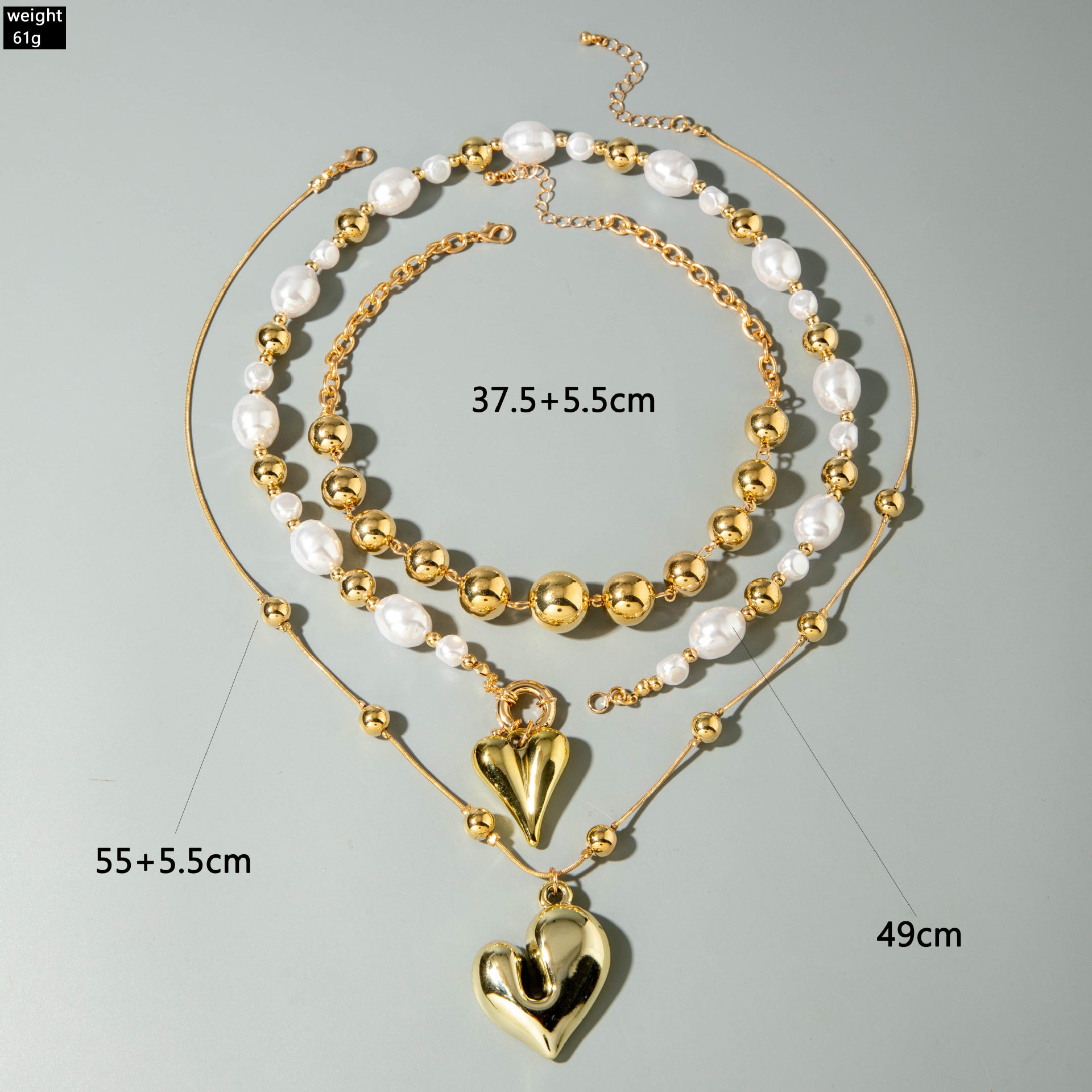 Ornament Layered Wear CCB Peach Heart Necklace Wholesale Baroque Metal Pendant Pearl Necklace - 图片 18