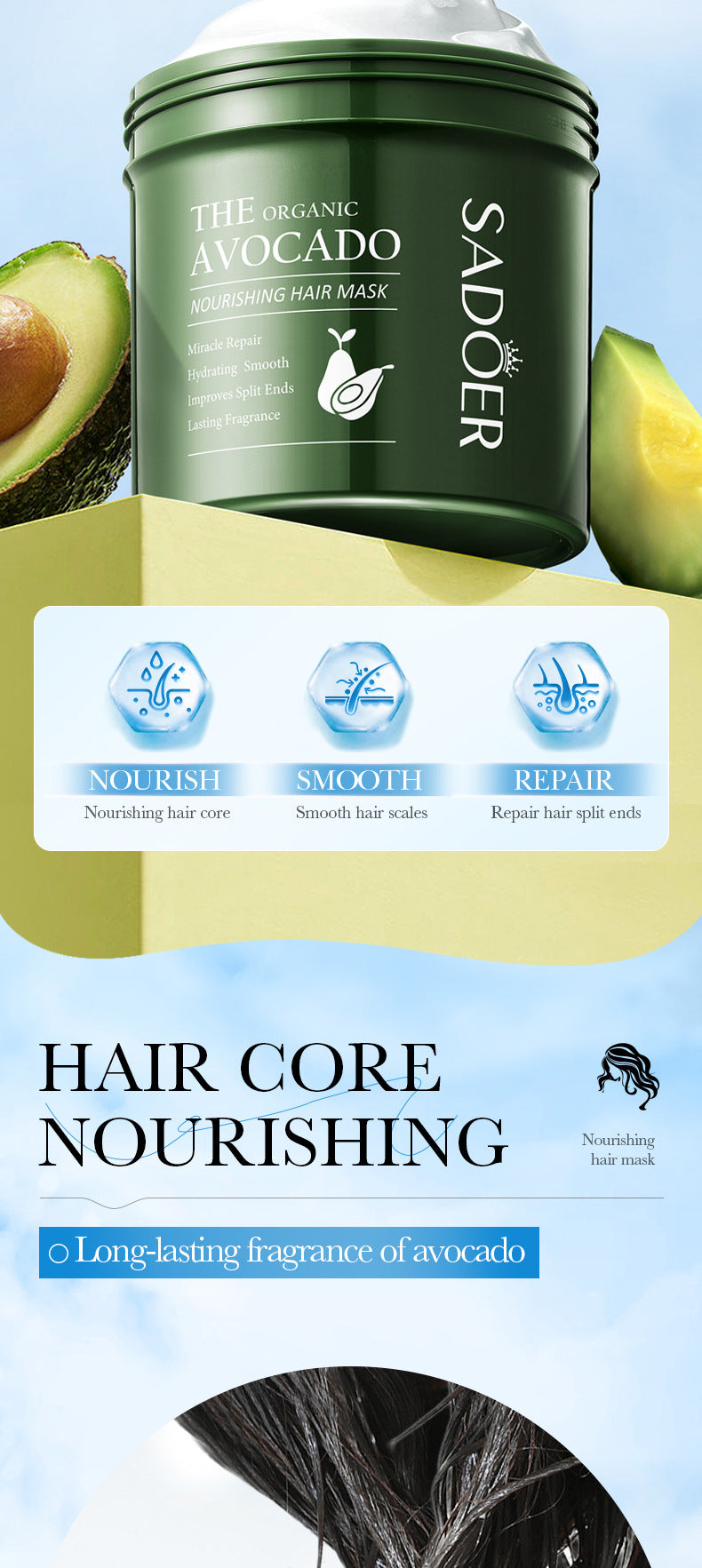 Avocado Smooth and Nourishing Hair Mask SADOER Cross-border foreign trade wholesale of frizz improvement conditioner - 图片 9