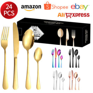 1010Stainless Steel Cutlery Set Hotel Titanium Coated Western Steak Knife Fork Spoon Tea Spoon24Set