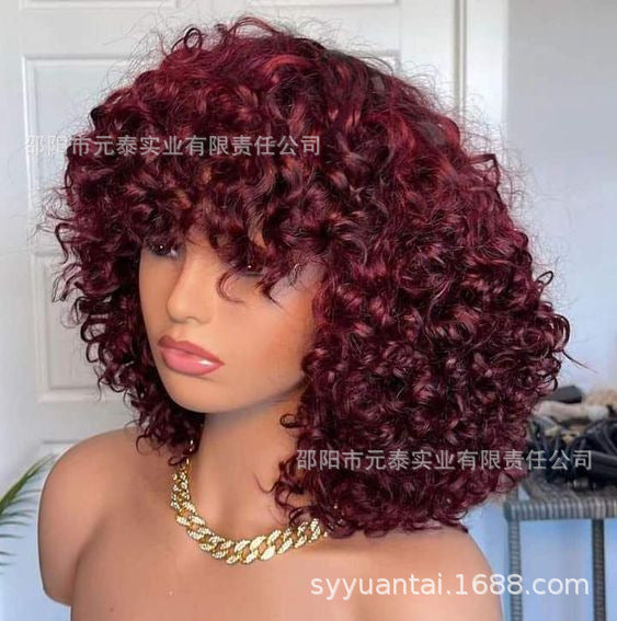 Wine Red Short Bouncy Curly Bob Wig with Bang Human Hair wig - 图片 8