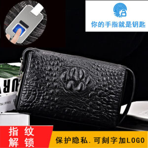 Fingerprint Lock Bag Business Commuting Men's Handbag Top Layer Cowhide Crocodile Large Capacity Multi-Card Slots Clutch