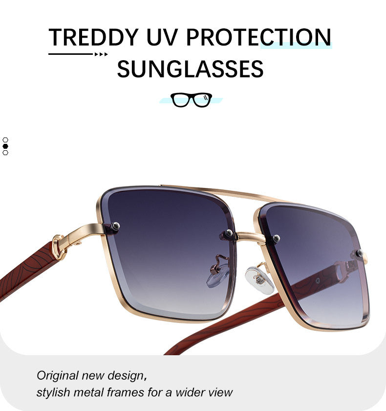 2025New European and American Fashion Square Frame Sunglasses for Men Retro Imitation Wood Grain Temple Double Bridge Sun Protection Sunglasses for Men - 图片 16