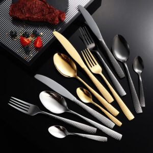 410Stainless Steel Cutlery Restaurant Western Hammered Square Handle Knife Fork Spoon Set Hotel Home Steak Knife Fork