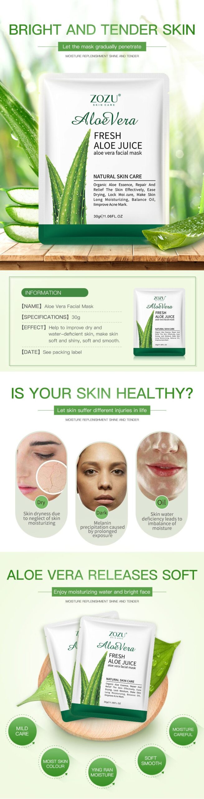 Honey Aloe Vera Mask ZOZU Hydrating Moisturizing Tablets Cross-border Foreign Trade Skincare Wholesale - 图片 9