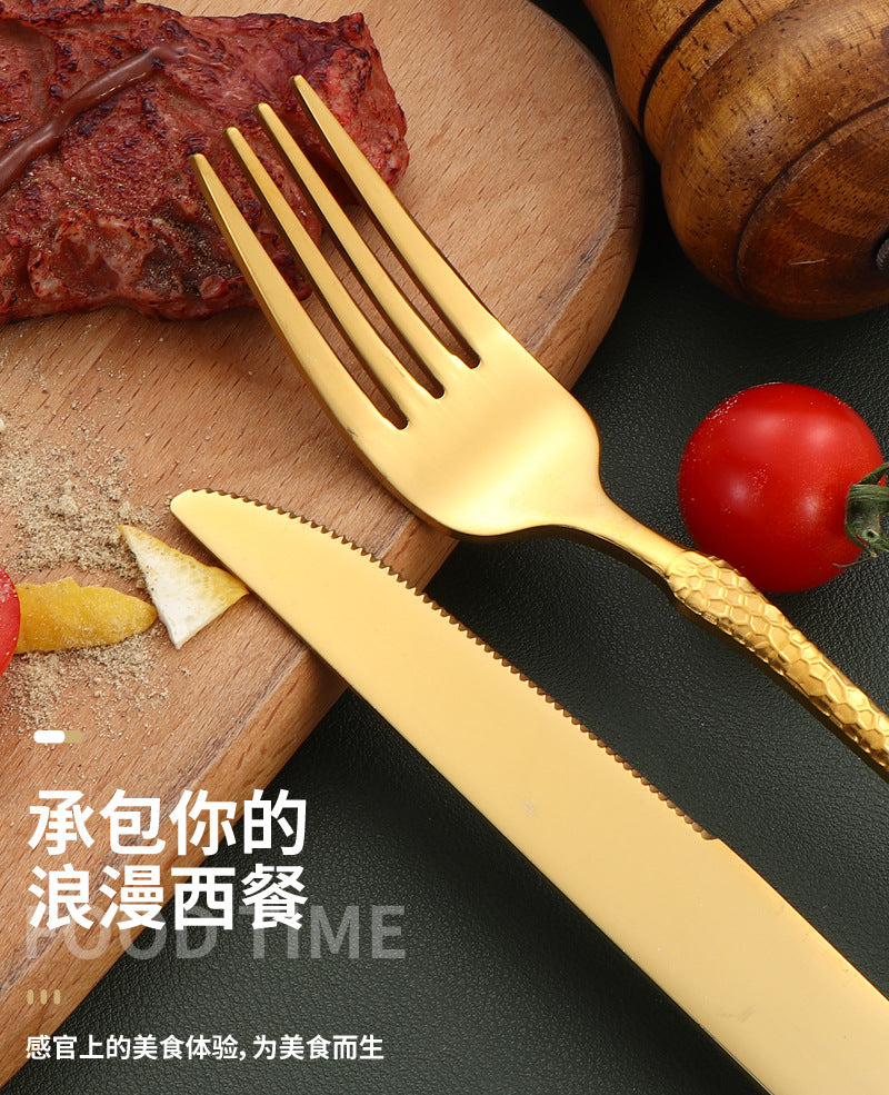 410Stainless Steel Tableware Hotel Restaurant Hammered Knife Fork Spoon24Set of High-End Western Cuisine Embossed Steak Knives and Forks - 图片 25