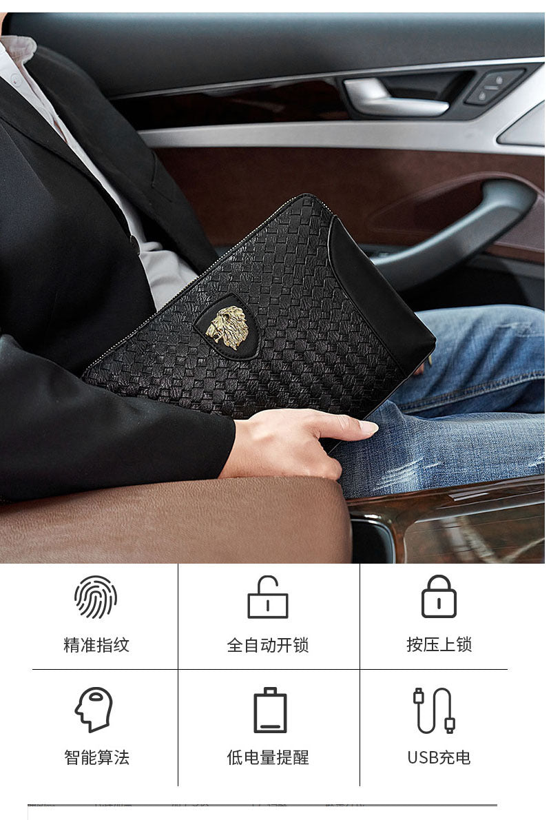 Fingerprint Lock Clutch Bag Large Capacity Business Men's Genuine Leather Handheld Luxury Woven Clutch Portable Fingerprint Unlock - 图片 6