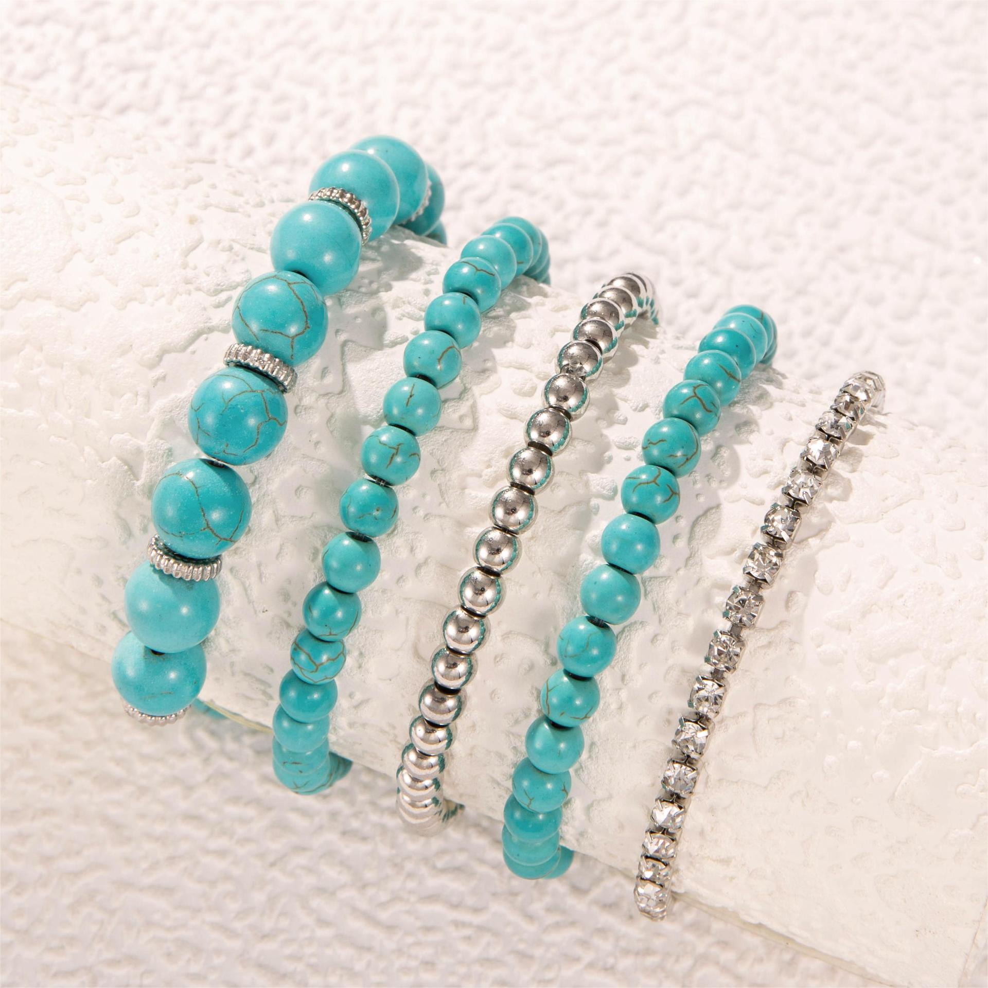 Bohemian Style Turquoise Multi-Layer Stacking Bracelet Set Light Luxury Diamond-encrusted Chain Beaded Bracelet - 图片 7