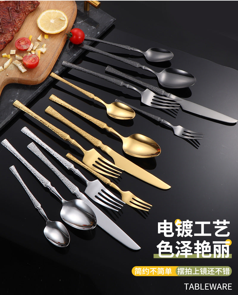 410Stainless Steel Cutlery Hotel Restaurant Hammered Knife Fork Spoon Set Western Small Waist Bark Pattern Steak Knife Fork - 图片 26